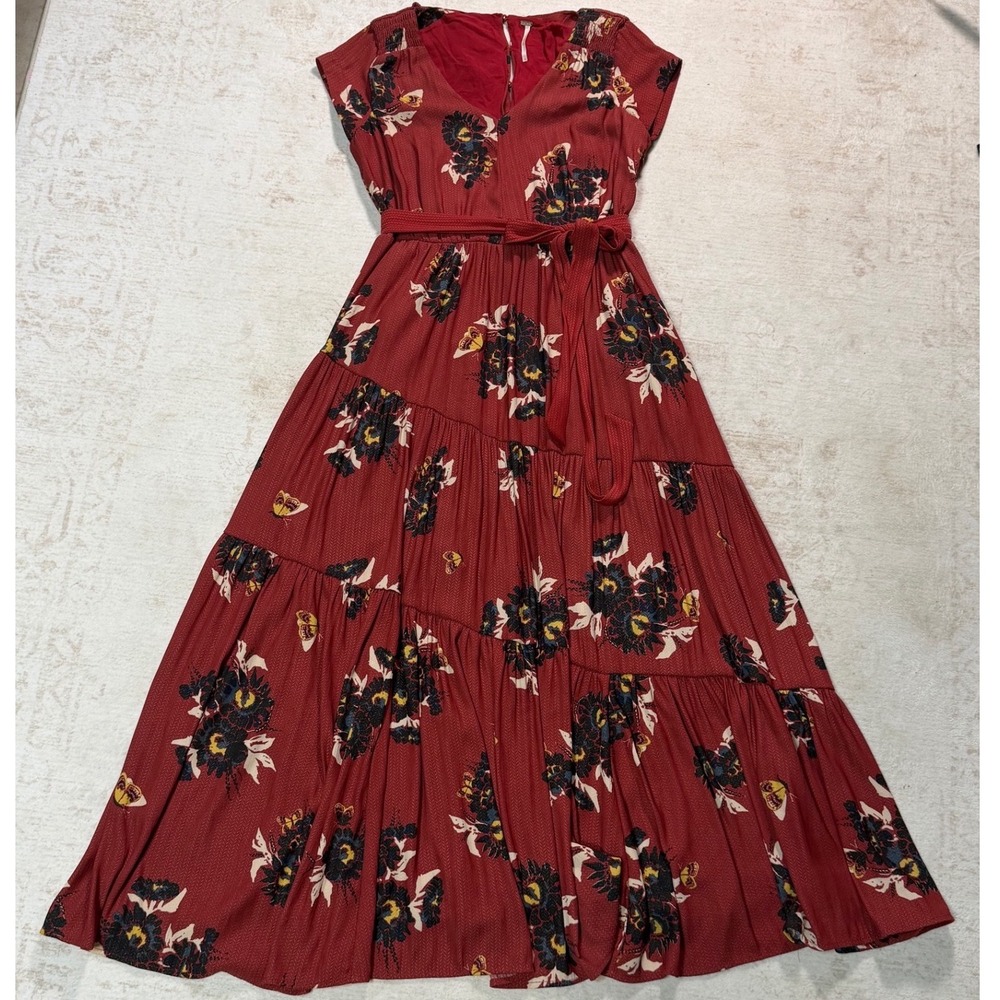 Free People Rust Red Floral Tiered Smocked Midi Dress Size 10